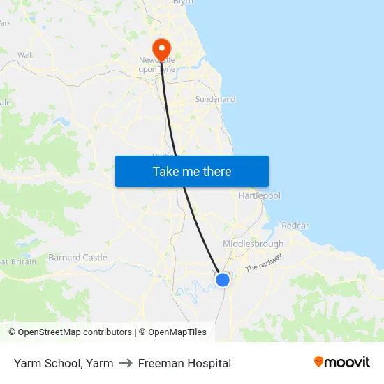 Yarm School, Yarm to Freeman Hospital map