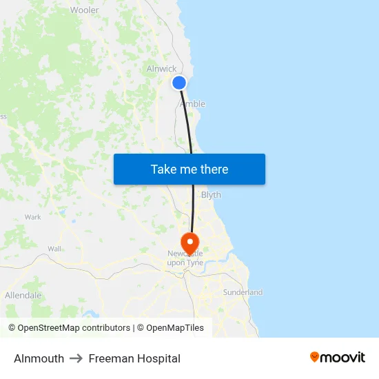 Alnmouth to Freeman Hospital map