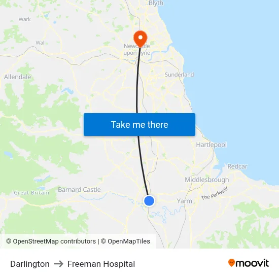 Darlington to Freeman Hospital map