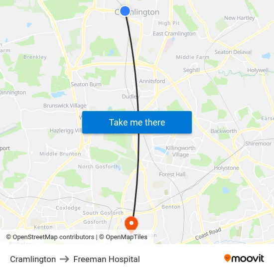 Cramlington to Freeman Hospital map