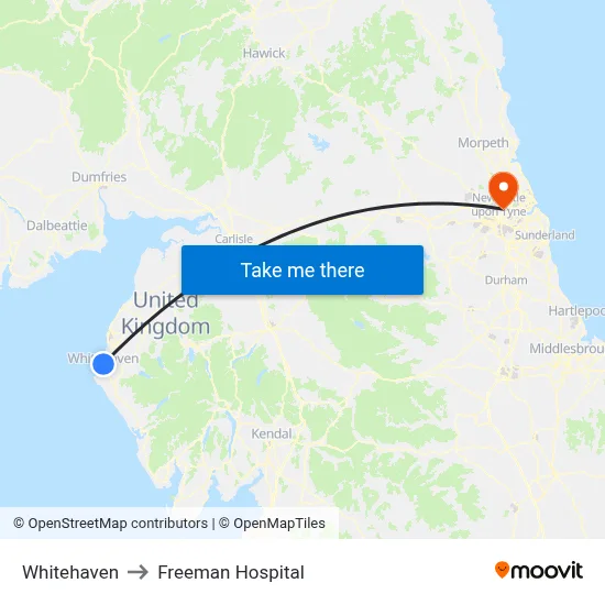 Whitehaven to Freeman Hospital map