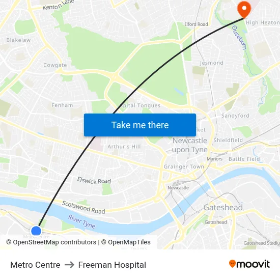 Metro Centre to Freeman Hospital map
