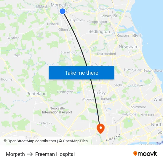 Morpeth to Freeman Hospital map