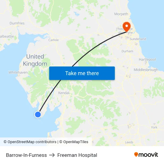 Barrow-In-Furness to Freeman Hospital map
