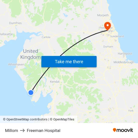 Millom to Freeman Hospital map