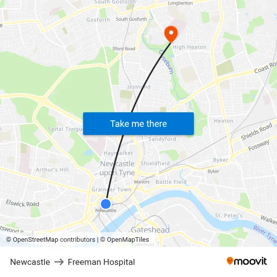 Newcastle to Freeman Hospital map