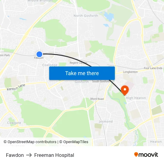 Fawdon to Freeman Hospital map