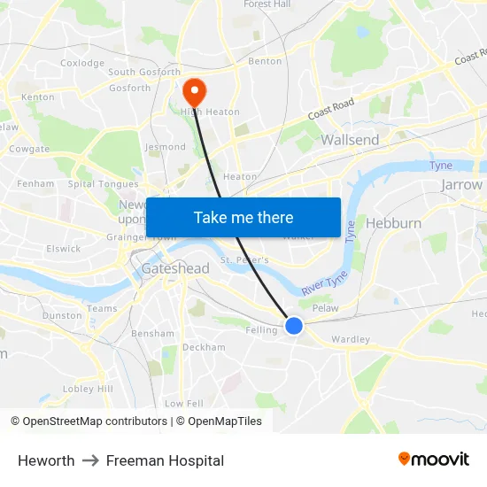 Heworth to Freeman Hospital map