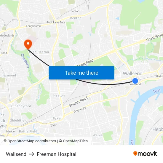 Wallsend to Freeman Hospital map