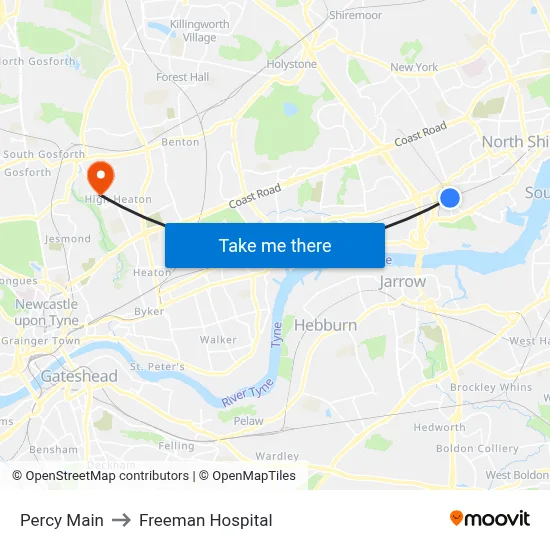 Percy Main to Freeman Hospital map