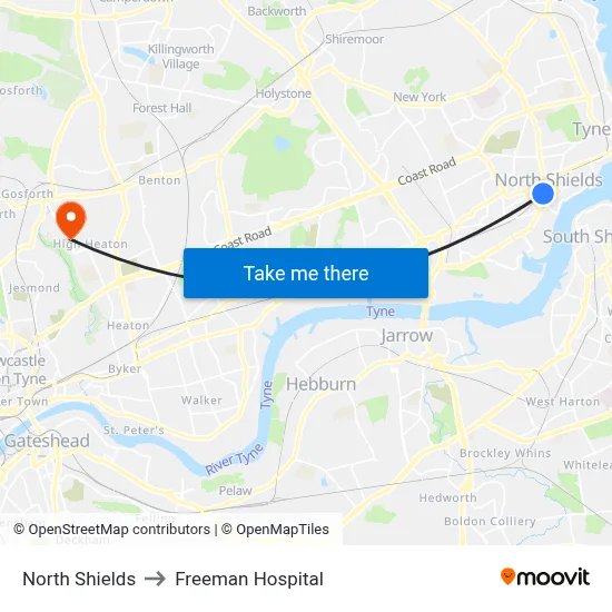 North Shields to Freeman Hospital map