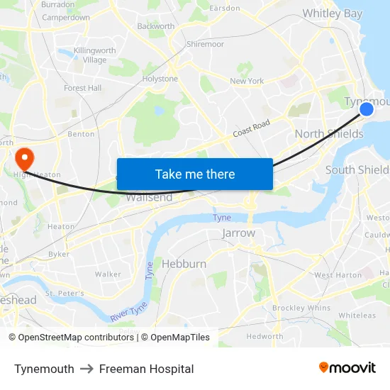Tynemouth to Freeman Hospital map