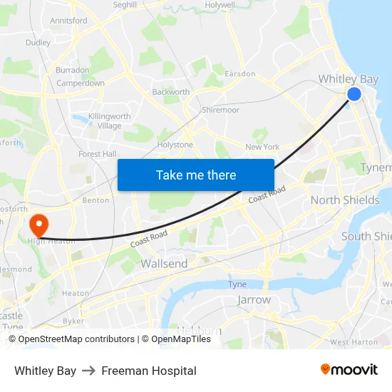Whitley Bay to Freeman Hospital map