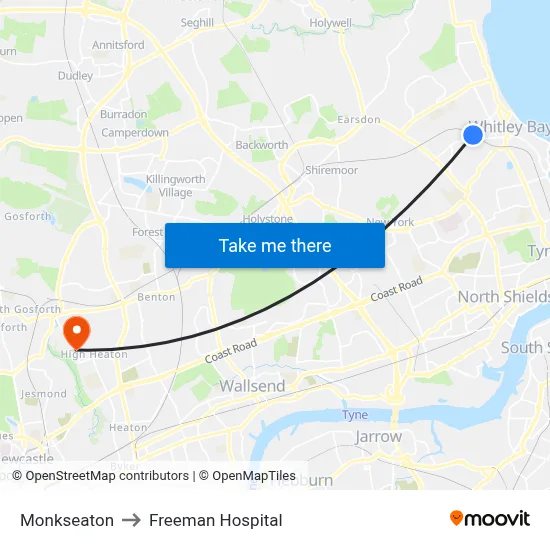 Monkseaton to Freeman Hospital map
