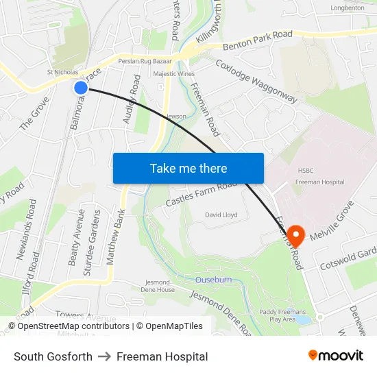 South Gosforth to Freeman Hospital map