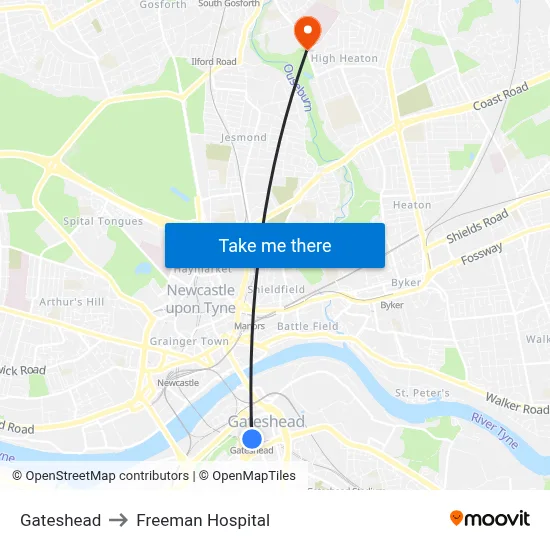 Gateshead to Freeman Hospital map