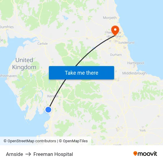Arnside to Freeman Hospital map