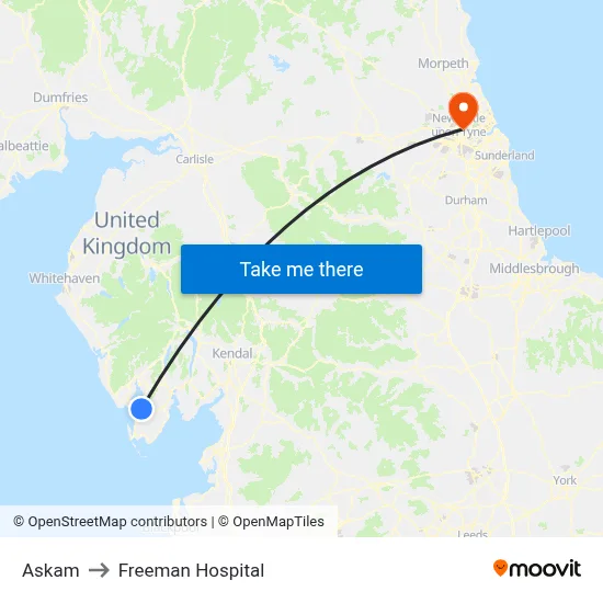 Askam to Freeman Hospital map