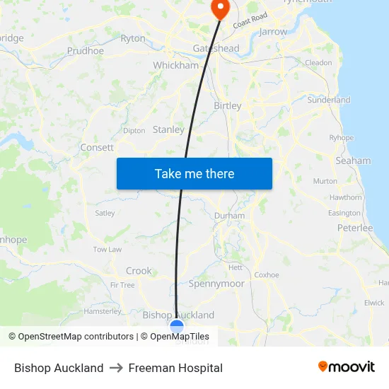 Bishop Auckland to Freeman Hospital map