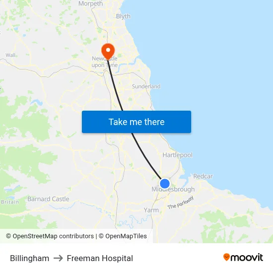 Billingham to Freeman Hospital map