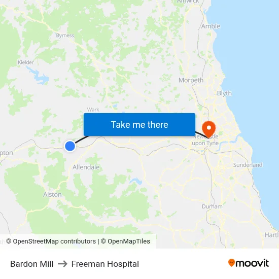 Bardon Mill to Freeman Hospital map