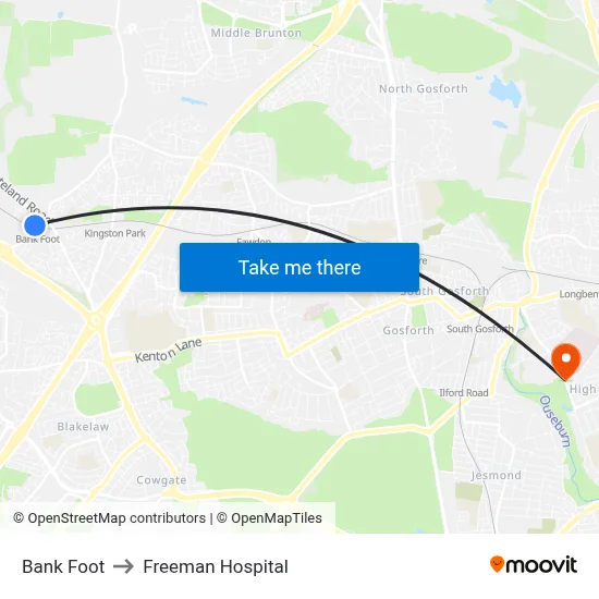 Bank Foot to Freeman Hospital map