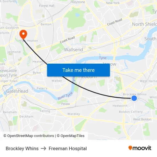 Brockley Whins to Freeman Hospital map