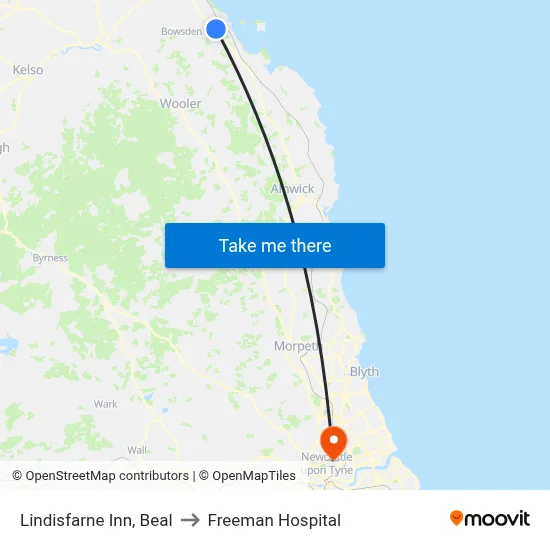 Lindisfarne Inn, Beal to Freeman Hospital map