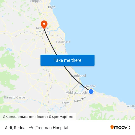 Aldi, Redcar to Freeman Hospital map