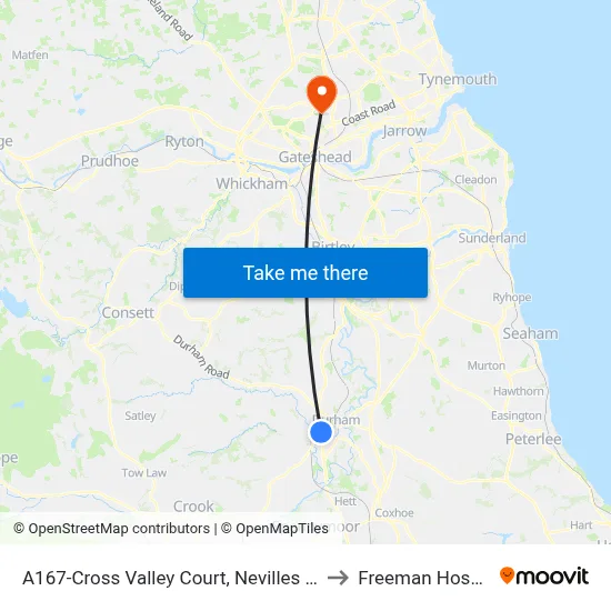 A167-Cross Valley Court, Nevilles Cross to Freeman Hospital map