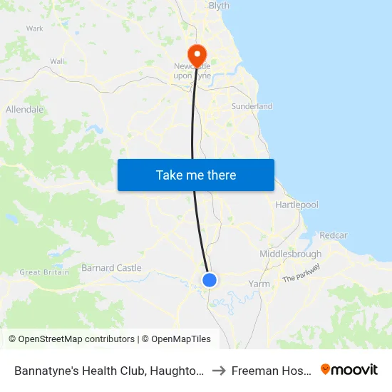 Bannatyne's Health Club, Haughton Road to Freeman Hospital map