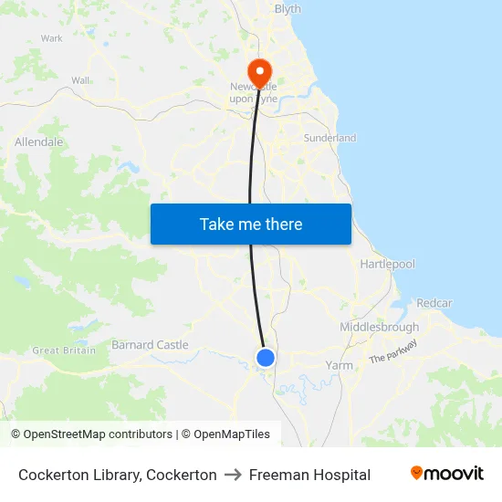 Cockerton Library, Cockerton to Freeman Hospital map