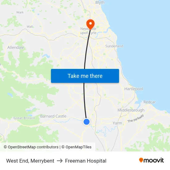 West End, Merrybent to Freeman Hospital map