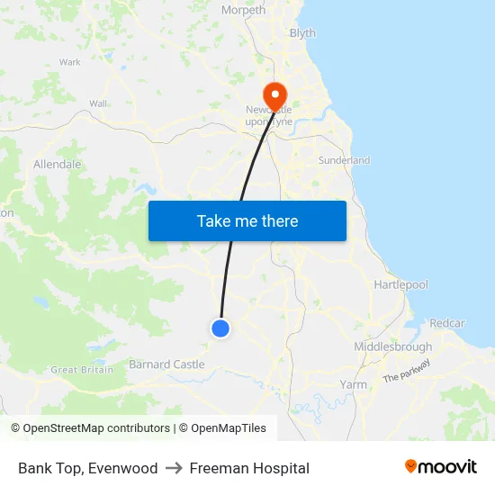 Bank Top, Evenwood to Freeman Hospital map