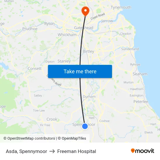 Asda, Spennymoor to Freeman Hospital map