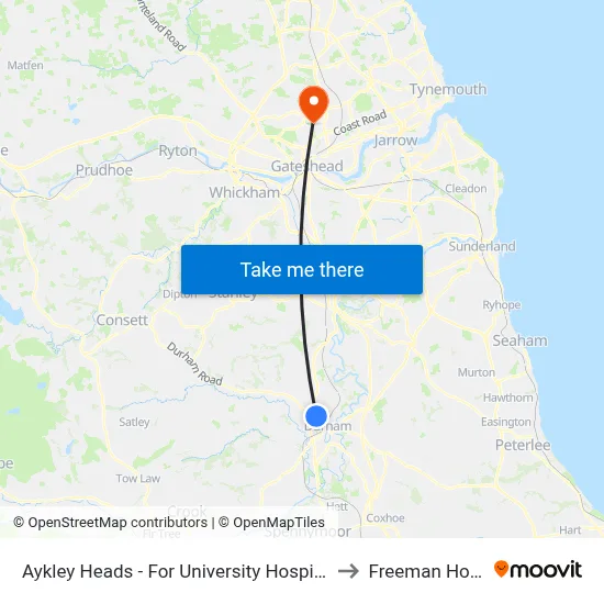 Aykley Heads - For University Hospital, Durham to Freeman Hospital map