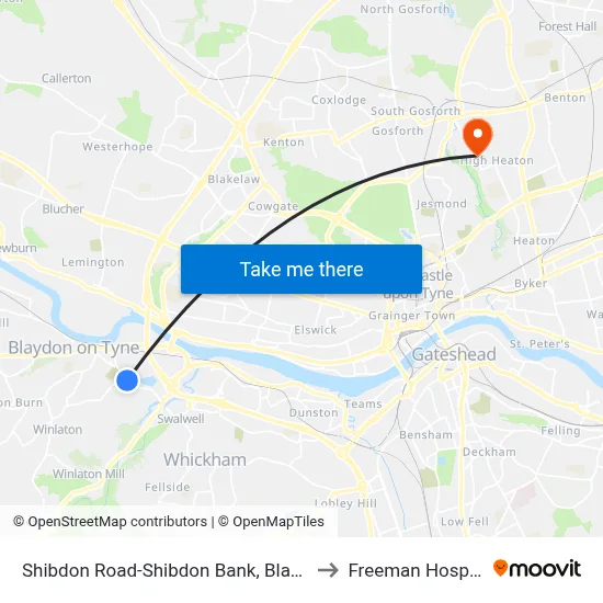 Shibdon Road-Shibdon Bank, Blaydon to Freeman Hospital map