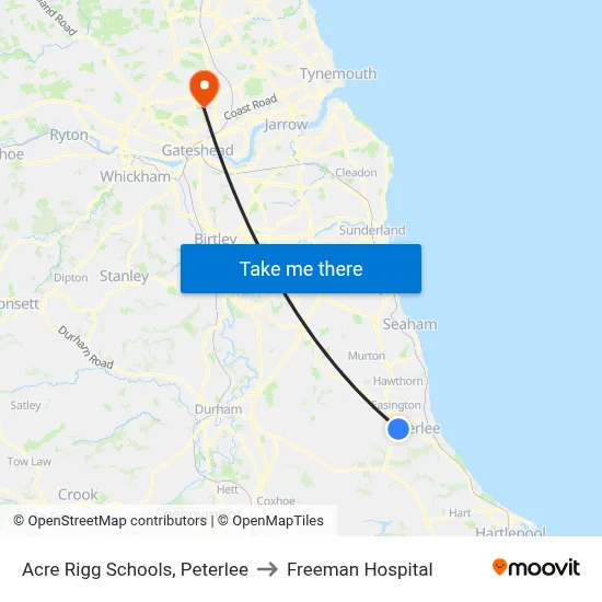 Acre Rigg Schools, Peterlee to Freeman Hospital map