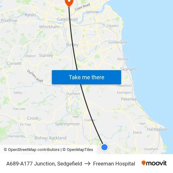 A689-A177 Junction, Sedgefield to Freeman Hospital map