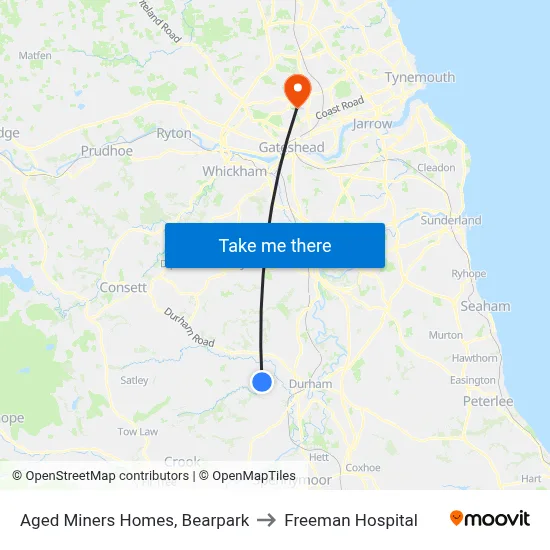 Aged Miners Homes, Bearpark to Freeman Hospital map