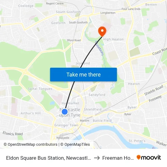 Eldon Square Bus Station, Newcastle upon Tyne to Freeman Hospital map