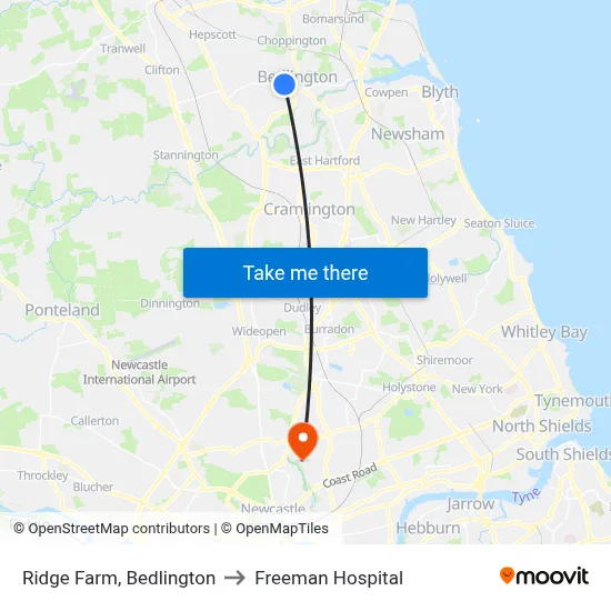 Ridge Farm, Bedlington to Freeman Hospital map