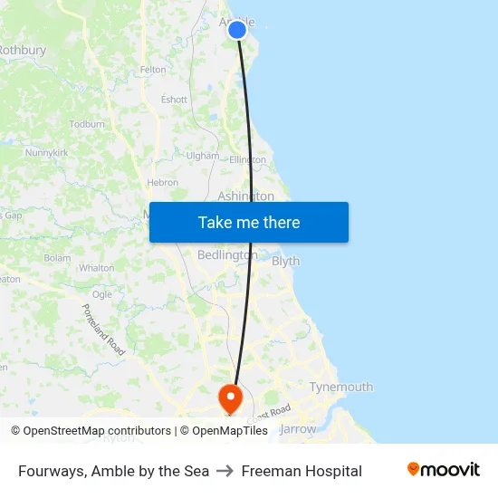 Fourways, Amble by the Sea to Freeman Hospital map
