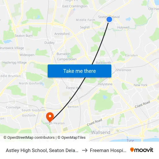 Astley High School, Seaton Delaval to Freeman Hospital map