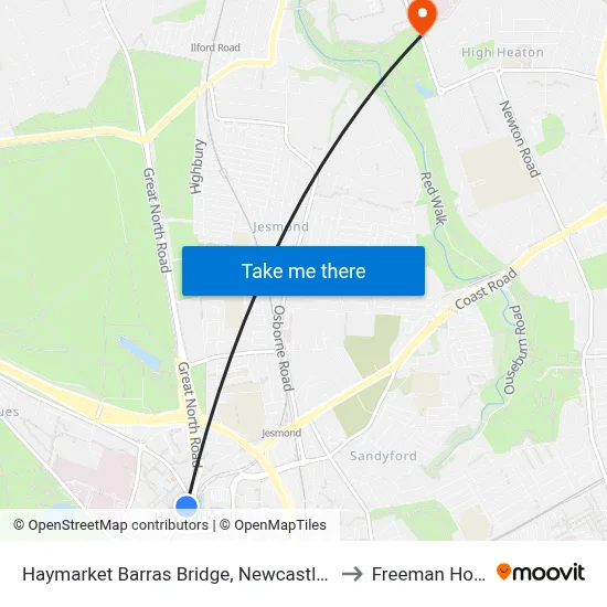 Haymarket Barras Bridge, Newcastle upon Tyne to Freeman Hospital map