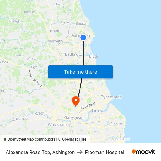 Alexandra Road Top, Ashington to Freeman Hospital map