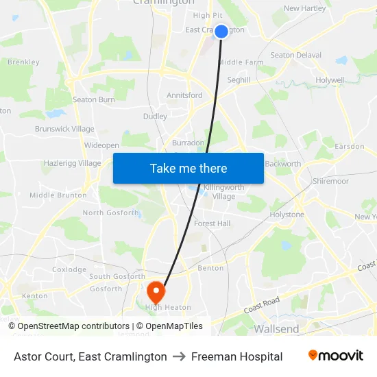 Astor Court, East Cramlington to Freeman Hospital map