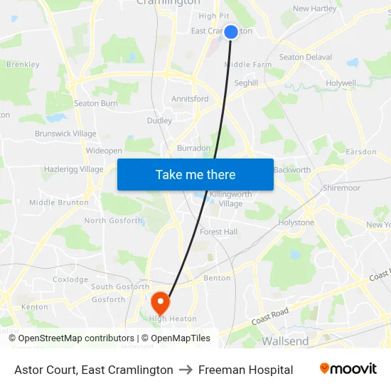 Astor Court, East Cramlington to Freeman Hospital map
