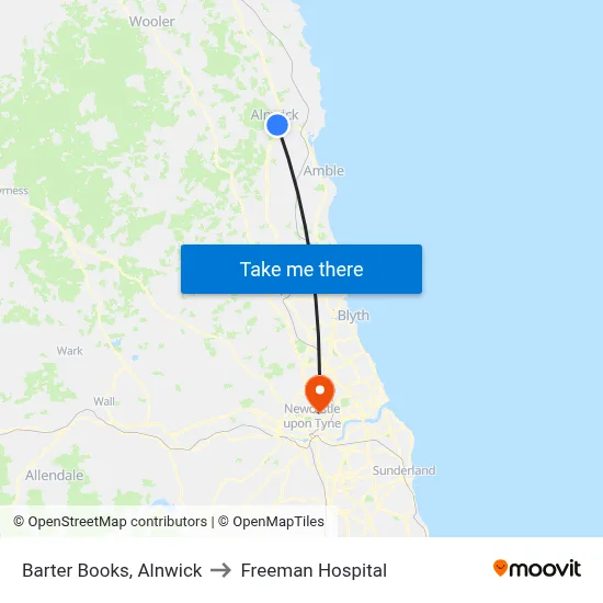 Barter Books, Alnwick to Freeman Hospital map