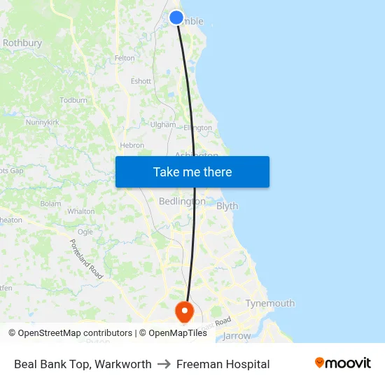 Beal Bank Top, Warkworth to Freeman Hospital map
